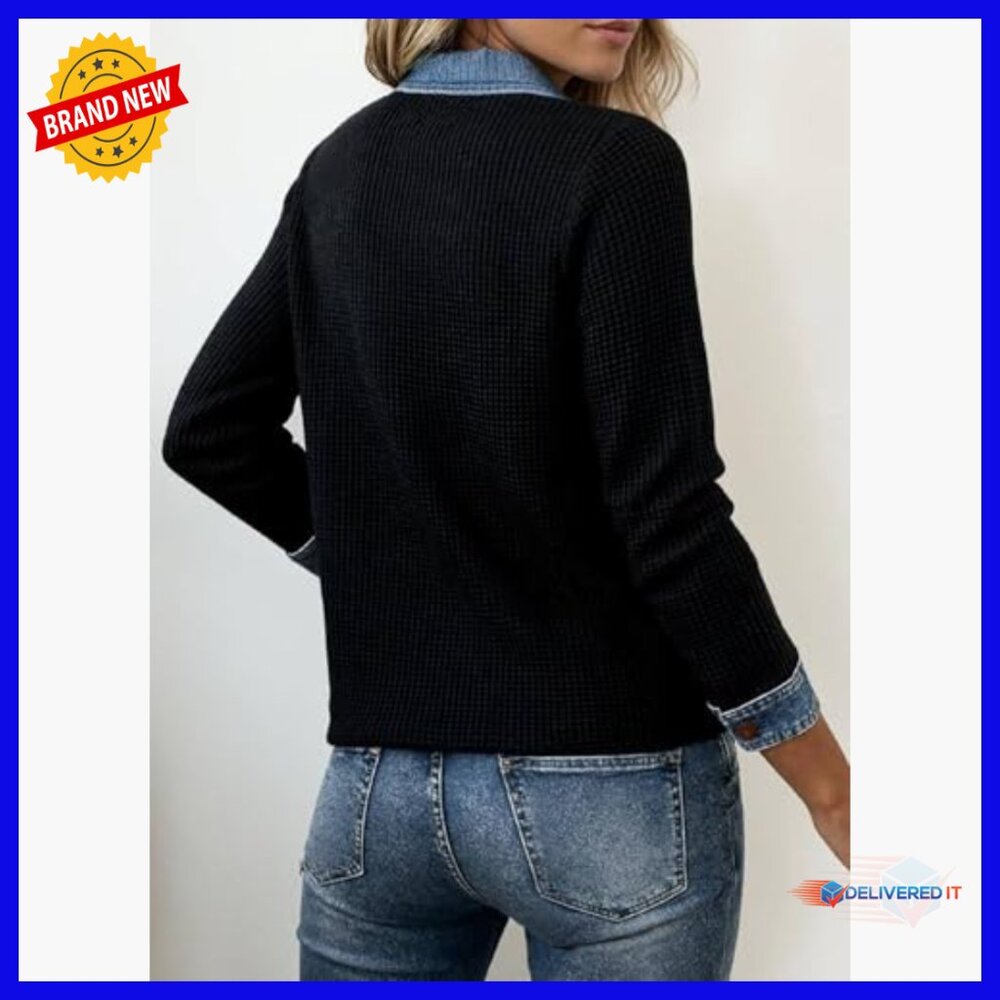 Denim Patchwork Tunic Top With Collar Buttons Loo… - image 4